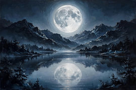 Reflectie van de volle maan op een rustig bergmeer – landschap in impasto-stijl