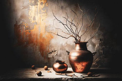 Still life with copper pitchers in front of a rough concrete wall with golden smudges