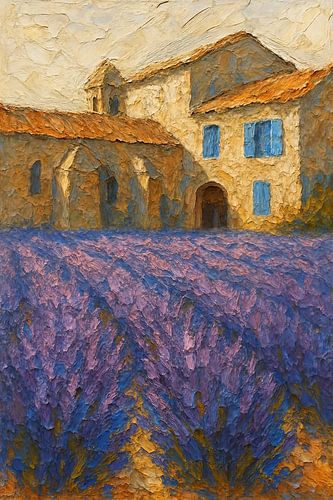 Lavendelvelden bij Provençaals klooster (zomers, rustgevend, warm, idyllisch, mediterraan, reizen, schilderachtig, schilderij, blauwe, luiken)