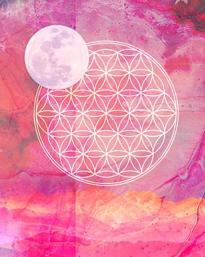 Roze maan & Flower of Life  | Geometrische print - spiritueel symbool -  Abstract Art in Roze &a van Marlou Westerhof