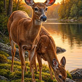 Rehe am Waldsee im Abendlicht von Max Steinwald