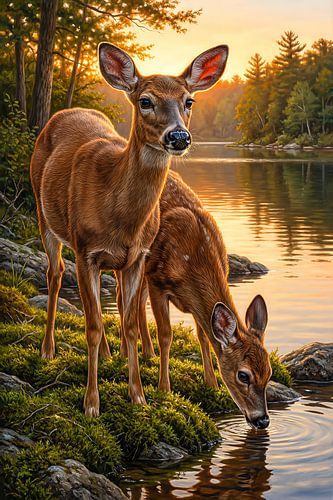 Reeën aan de Waldsee in het avondlicht
