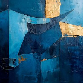 Abstrakter Stierkopf in Blau & Gold von bbgalerie24