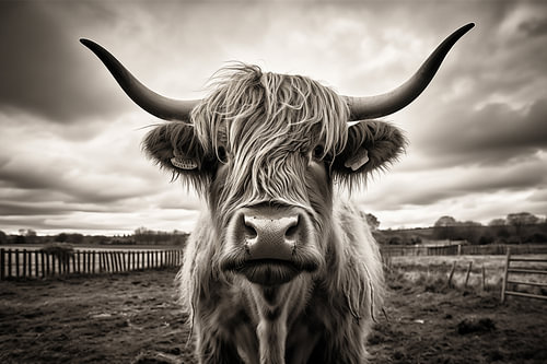 Une vache des Highlands écossaise noire et blanche dans une ferme