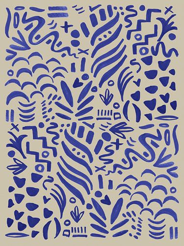 Crazy lines, abstracte scribble kunst, beige met blauw