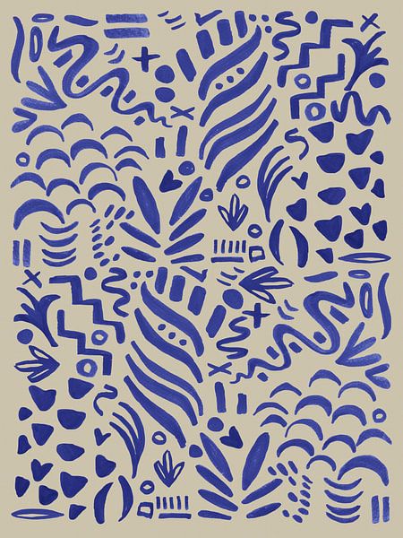 Verrückte Linien, abstrakte Kritzelei, beige mit blau von Mijke Konijn
