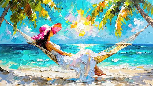 In de schaduw van palmbomen - vrouw met roze zonnehoed in witte jurk droomt in een hangmat op een Caribisch strand onder de gouden zon