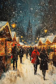 Weihnachtsmarkt – Verträumtes Gemälde in Blau und Gold von BowiScapes – Kunst und urbane Wandgestaltung