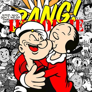 Famous Love Couples - portret van Popeye en Olijfje op een achtergrond van beroemde Stripfiguren’