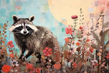 Raccoon in Sea of Flowers by Wonderful Art