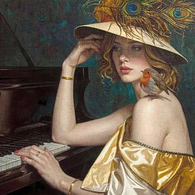 Frau am Klavier mit goldenem Hut mit Pfauenfedern von Emiel de Lange