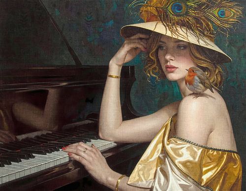 Vrouw bij piano met gouden hoed met pauw veren
