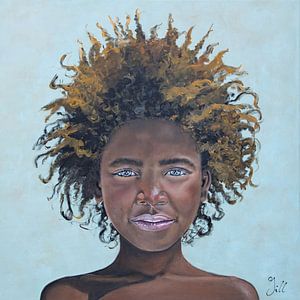 Afrikaans meisje met afro kapsel (schilderij) van Bianca ter Riet