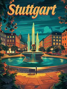 Stuttgart Fountain Nights: Elegant Retro City Poster