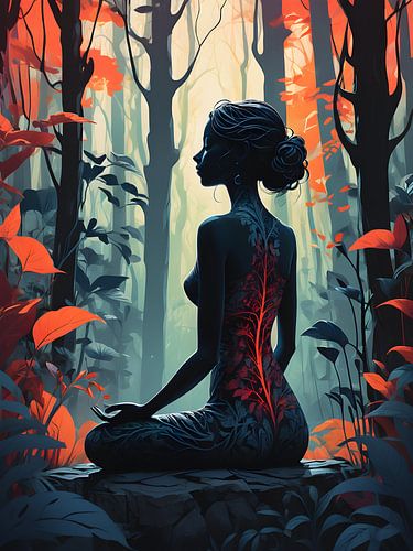 Femme méditative dans une forêt magique