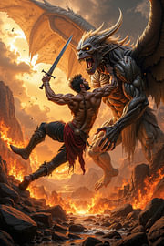 Dark Fantasy Art Wandbild: VAELGOR - Ein Krieger bekämpft ein riesiges Ungeheuer