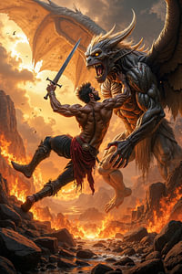 Dark Fantasy Art Wandbild: VAELGOR - Ein Krieger bekämpft ein riesiges Ungeheuer
