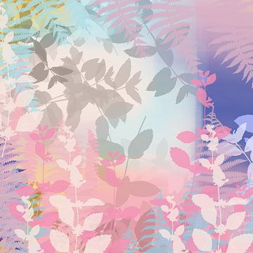 Kleurrijke botanische kunst in pastel- en neonkleuren. Roze, blauw, grijs. van Dina Dankers