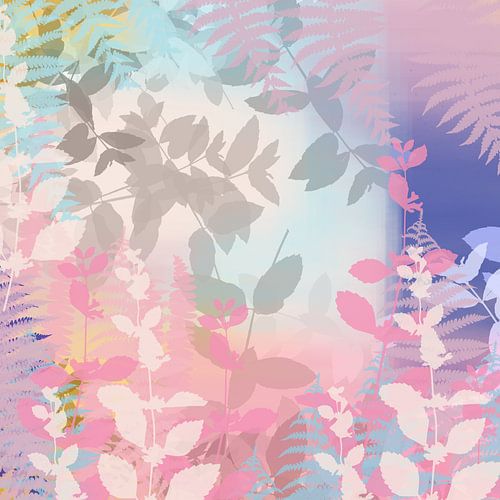 Kleurrijke botanische kunst in pastel- en neonkleuren. Roze, blauw, grijs.