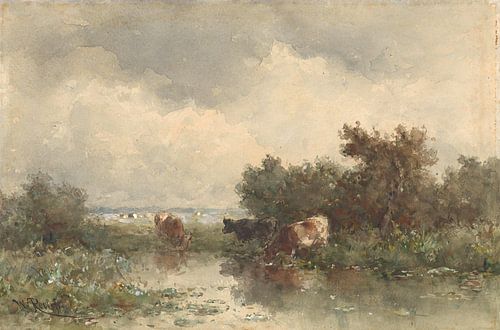 Three cows at a pond, Willem Roelofs