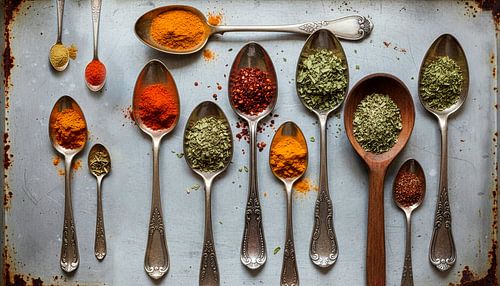 Herbs with vintage spoons on metal, herbs and spoons on metal by Corrine Ponsen