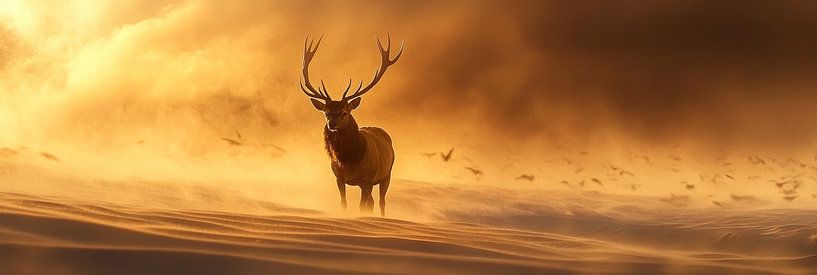 Rayons de soleil dansant sur le dos d'un cerf dans la brume par Digitale Schilderijen