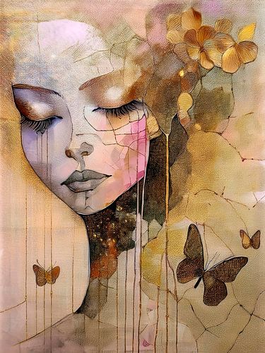 Modern chique portret van een vrouw met vlinders en gouden bloemen