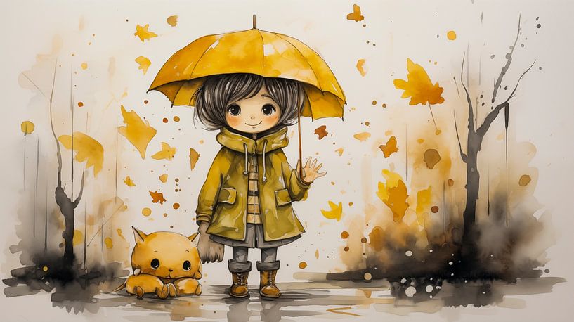 20h aquarelle de sorcière peinte petite fille en imperméable jaune avec parapluie jaune, design d'art aquarelle par Animaflora PicsStock
