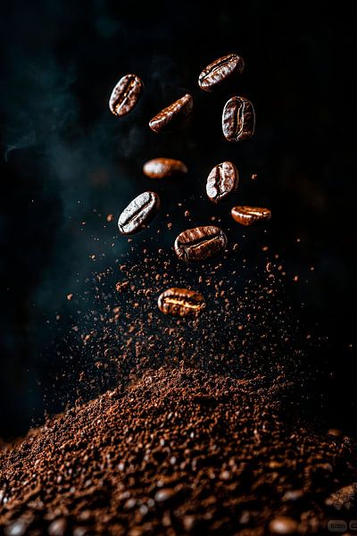 Kaffeebohnen in der Luft – Magische Momente von Poster Art Shop