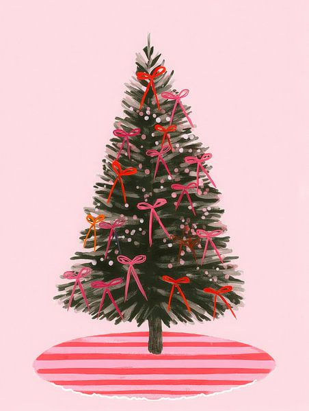 Fröhlicher Weihnachtsbaum mit rosa Schleifen auf pastellrosa Hintergrund von But First Framing