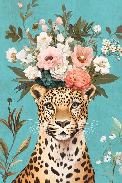 Leeuw met bloemenkrans in portret van Poster Art Shop