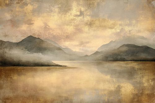 Goldenes Bergsee – Sanft und warm von BowiScapes – Kunst und urbane Wandgestaltung