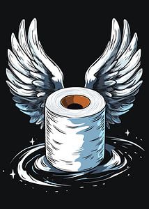 Toilettenpapierrolle mit Engelsflügeln auf schwarzem Hintergrund