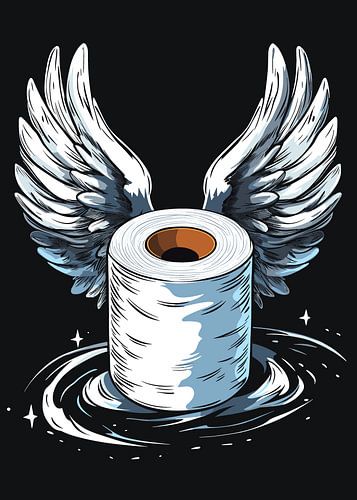 Toiletrol met engelenvleugels op zwarte achtergrond