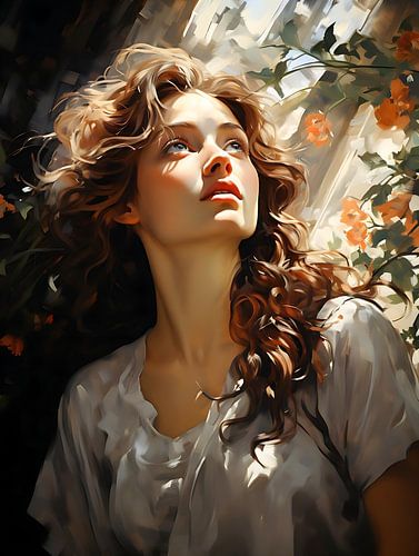 woman looks into lightly drawn portrait