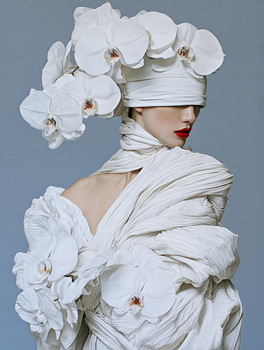 Alabaster Orchid – An Elegant Fashion Portrait in Profile with a Crown of White Orchids