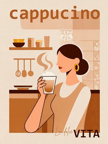 Art for the kitchen-diner: Woman with a glass of cappuccino by STUDIO ARTSY