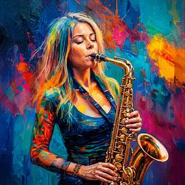 Une saxophoniste au style jazz expressif, dans un décor haut en couleur sur STUDIO ARTSY
