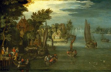 Eine geschäftige Flussszene mit niederländischen Schiffen und einer Fähre, der Kreis um Jan Brueghel