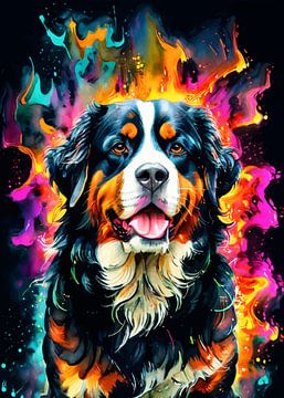 Bernese berghond Neon aquarelkunst – Moderne wanddecoratie met dierenmotief