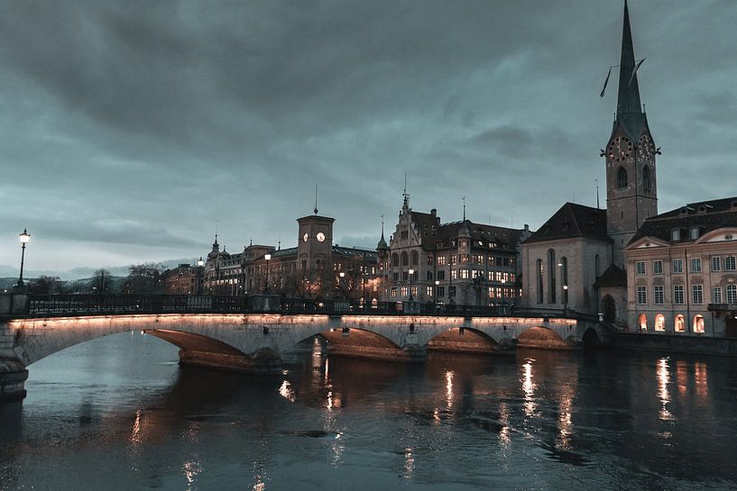 Zurich Old Town with view of the Limmat River and the Fraumünster Church by Besa Art