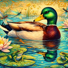 Duck in pond Jugendstil by Linda de Klein