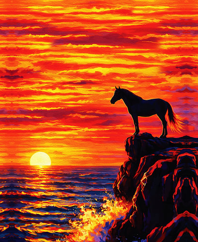 Pferd auf der Klippe bei Sonnenuntergang – Silhouetten-Meereslandschaftsgemälde