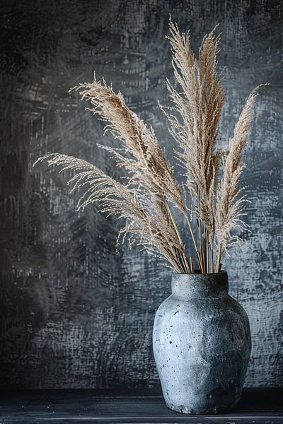 Rustieke blauwe vaas met graanstengels tegen donkere achtergrond van Art & Soul Creations