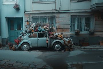 Vintage Auto in Pastelkleuren - Zomerse Bloemenpracht van Karina Brouwer
