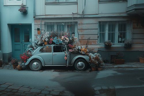 Voiture vintage aux couleurs pastel - Fleurs d'été
