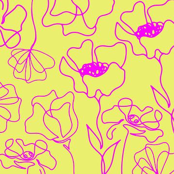 Scandinavische Bloemenmarkt Roze op Geel van Mad Dog Art