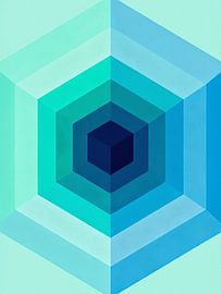 Geometric Abstract Teal Blue - Cool Hexagon Cube by Minggu Galeri