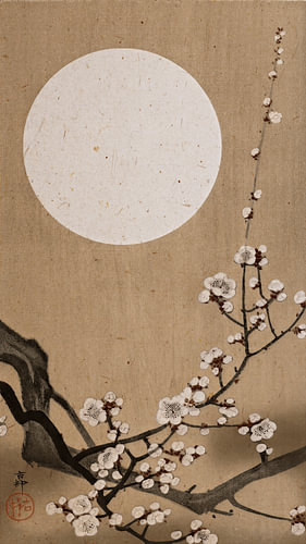 Traditional Japanese print: Blossoms in full bloom under a full moon in neutral shades of sand