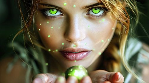 Vrouw met stralende huid en groen kristal
